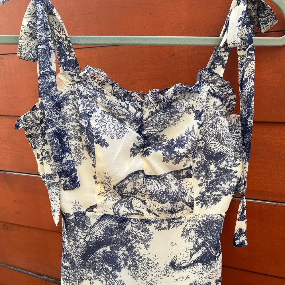 Lulus size xs Breeze the Day Blue and White Print Tie-Strap Mini Dress - Picture 8 of 9